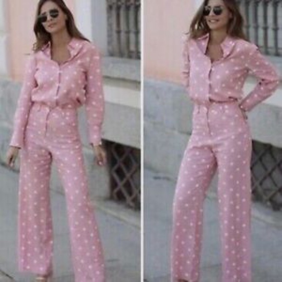 NWT ZARA LINEN BLEND POLKA DOT PANTS PINK WHITE XS